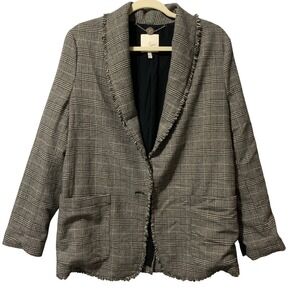 Joie Plaid Blazer Jacket Frayed Hem Elbow Patches Women's Size L